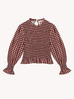 Women Fashionable Casual Round Neck Smocked Bubble 3/4 Sleeve Tops Summer Fall Plaid Print Ruffled T-shirts