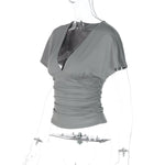 FDYOUI Women's V-neck Ruched Corset T-shirt Casual Sexy Short Sleeve Solid Crop Tops Tees 2026 Summer Female Tunics Slim T-shirt