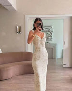 Sexy Elegant Flower Print Slim Long Dresses Women V-neck Low Cut Leace-up Backless Package Hip Bodycon Sleeveless Dress Female