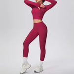New Women Yoga Set Solid Color Double-Sided Brushed Bare Feel Short Long-Sleeve Jacket Tight Pants Running Fitness 2-Piece Set