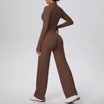 2 Pcs Women's Seamless Yoga Set Long-sleeved Wide-leg Pants Tracksuit Fitness Sports Set High-waisted Hip-lifting Slim-fit Suit