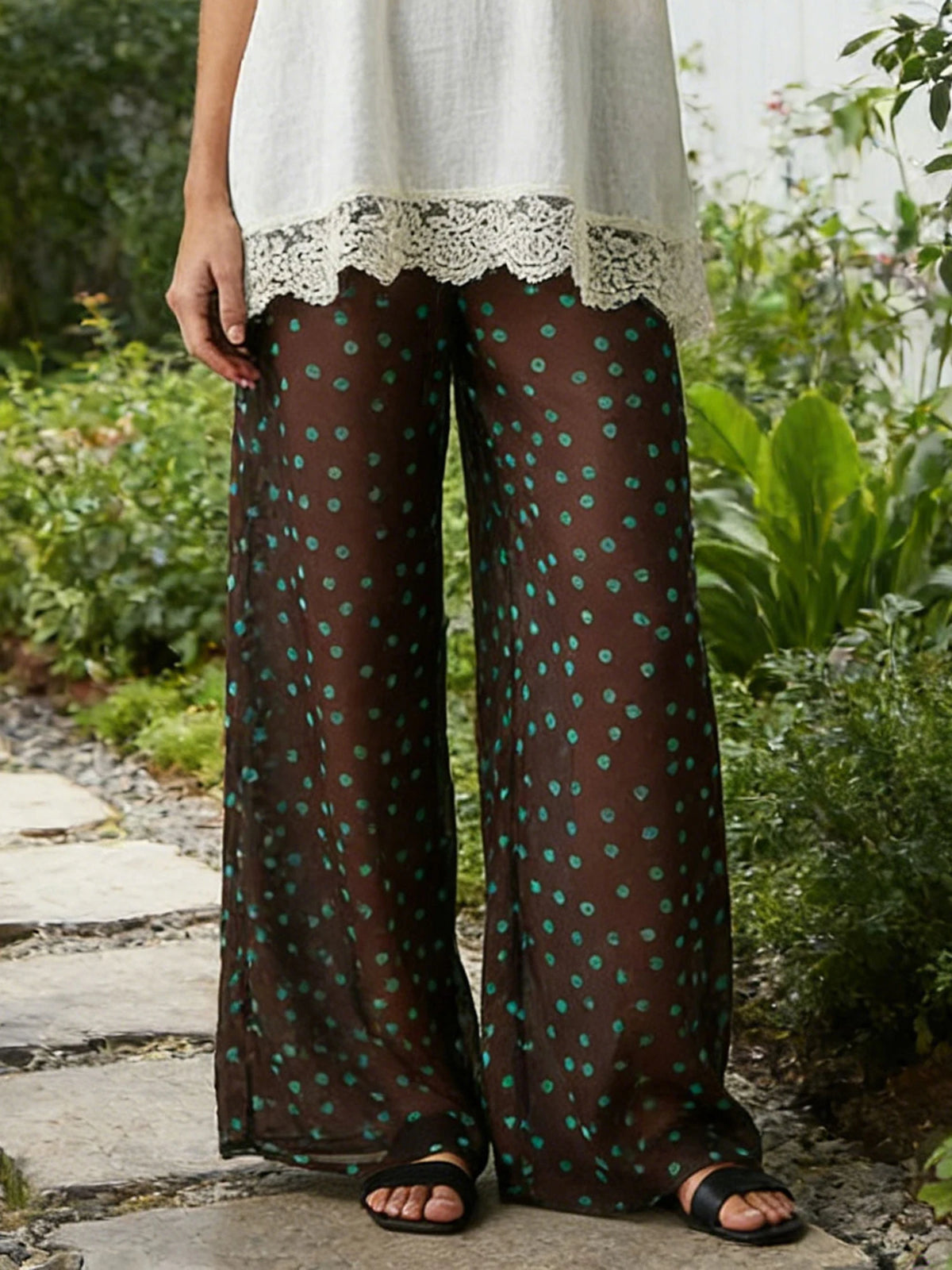 Women Sheer Mesh Pants Dots Print Elastic Waist Loose Fit Wide Leg Trousers Beach Bikini Cover up See Through Club Trousers