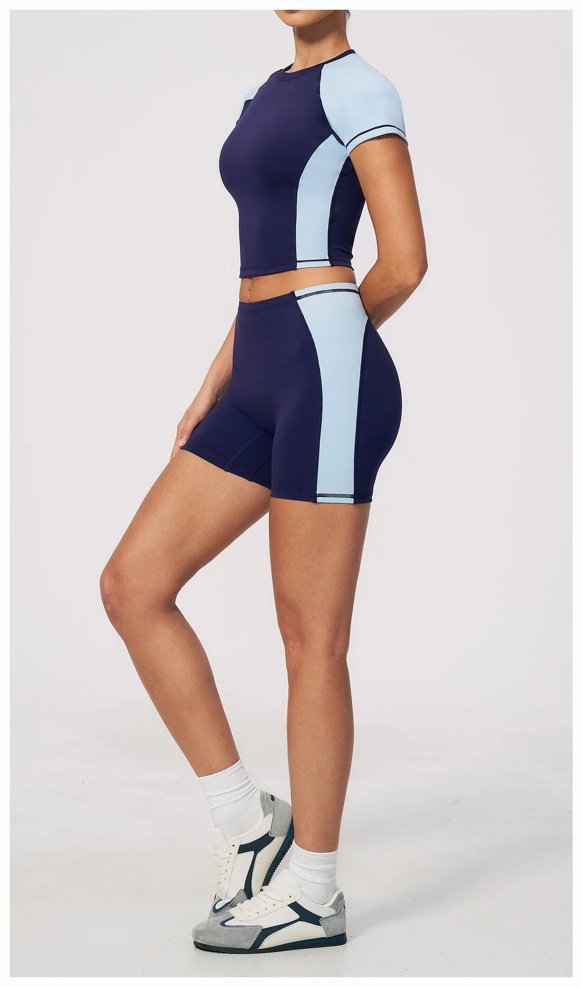 Summer New Yoga Sets Women Breathable Contrasting Color Short Sleeve Slim Sports T Shirts Training Running Shorts Fitness Suit