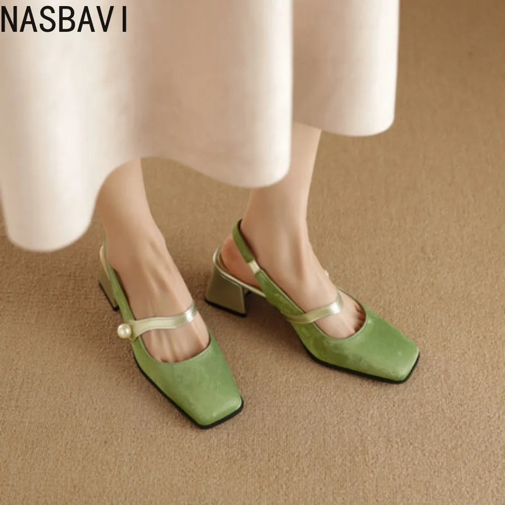 NASBAVI New Summer Leisure Green Women Sandals Comfortable Rubber Sole Fashionable Square Head Shape