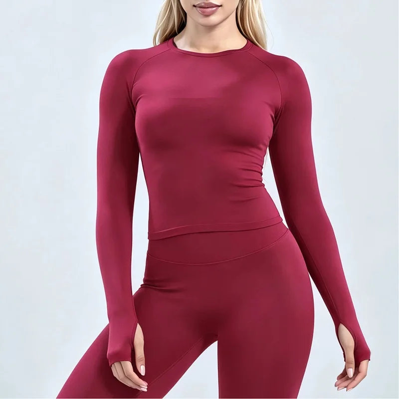 HISTELLO Defy Long Sleeve Top Women Fitness Pilates Clothes Seamless Round Neck Sports Shirt Slim Fit Activewear Gym Workout Top