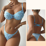 Women's 3D Floral Lace Lingerie Set Push Up Underwire Bra Panty Hollow Detail Sexy Blue Romantic Intimate Underwear Daily Wear
