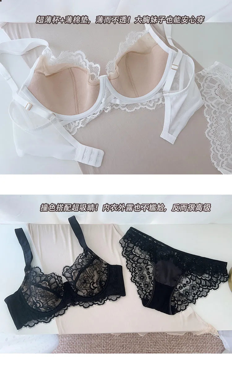 French Lace Bra Set Women Sexy Deep V Push Up Big Bust Minimizer Anti Sagging Support Wireless Comfort Summer Ultra Thin Cotton
