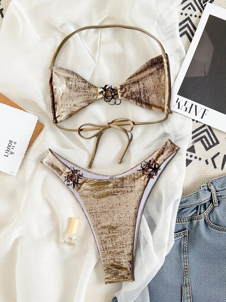 S - XLSparkling High Cut Halter Bikini Female Swimsuit Women Swimwear Two-pieces Bikini Set Bather Bathing Suit Swim Beachwear