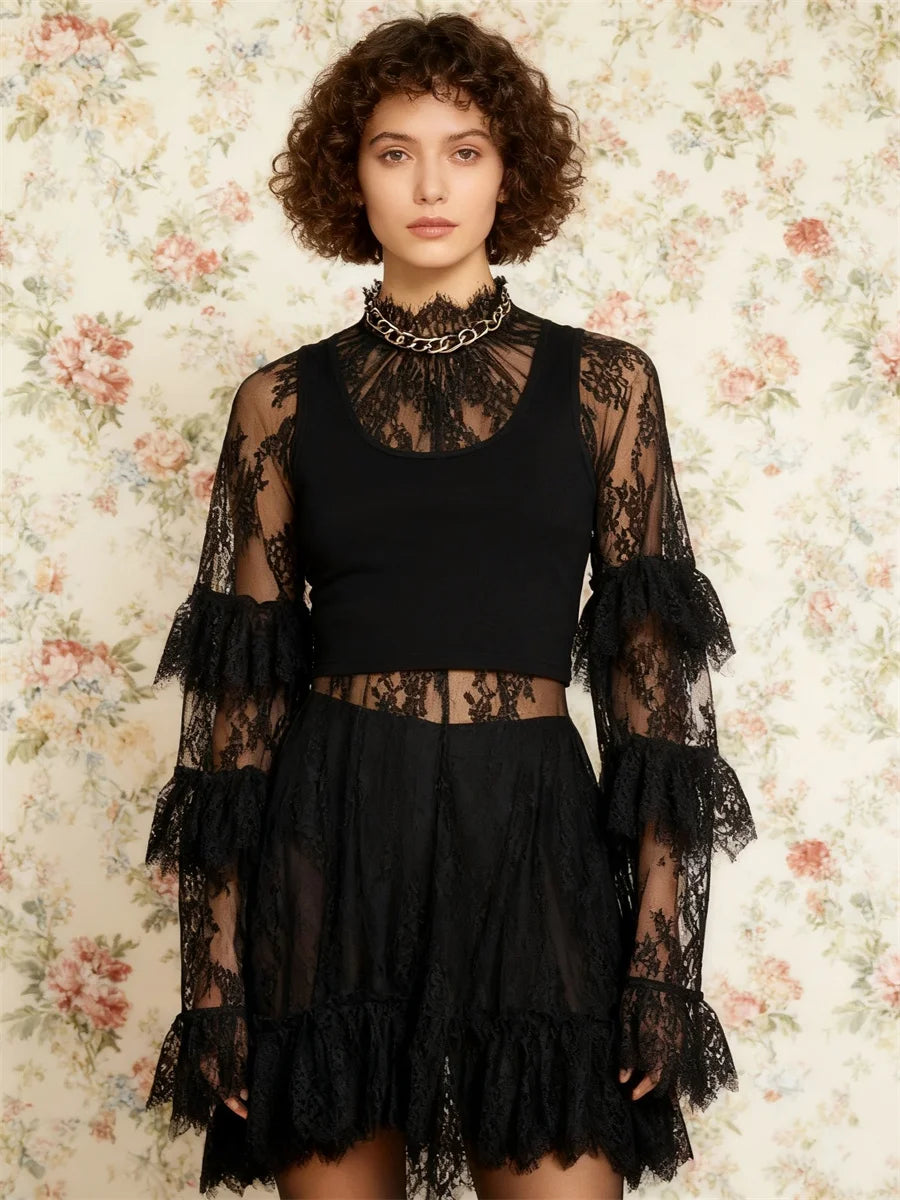 Women See Through Lace Dress Layered Flare Long Sleeve Crew Neck Ruffle Dress for Party Cocktail Club Dress Cover-ups
