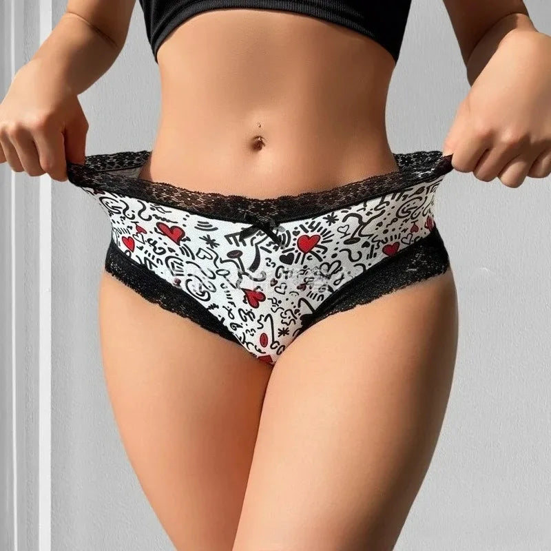 1pcs Low Waist Print Decor Sexy Lace Women's Panties Patchwork Elegant Sexy Lingerie Breathable Comfortable Fashion Lady Briefs