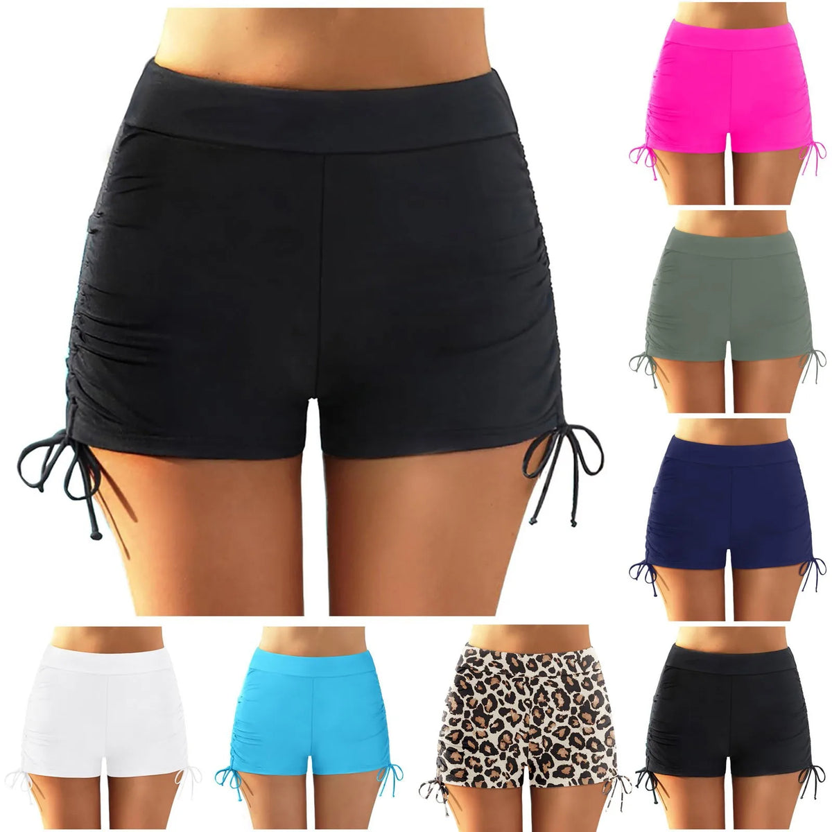 Beach Bathing Suit Women High Waist Bikini Bottoms Swim Briefs Drawstring Beach Shorts Solid Leopard Bikini Ruched Swim Bottoms