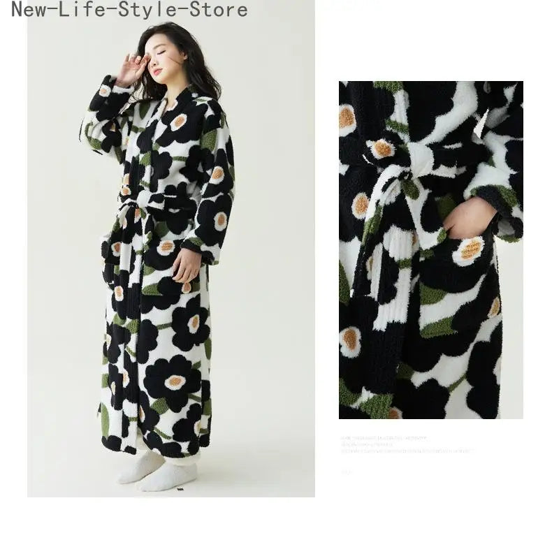 Women New Autumn Winter Thickened Anti-Static Coral Fleece Beauty Velvet Extra Long Bathrobe Sleep Loungewear Robe