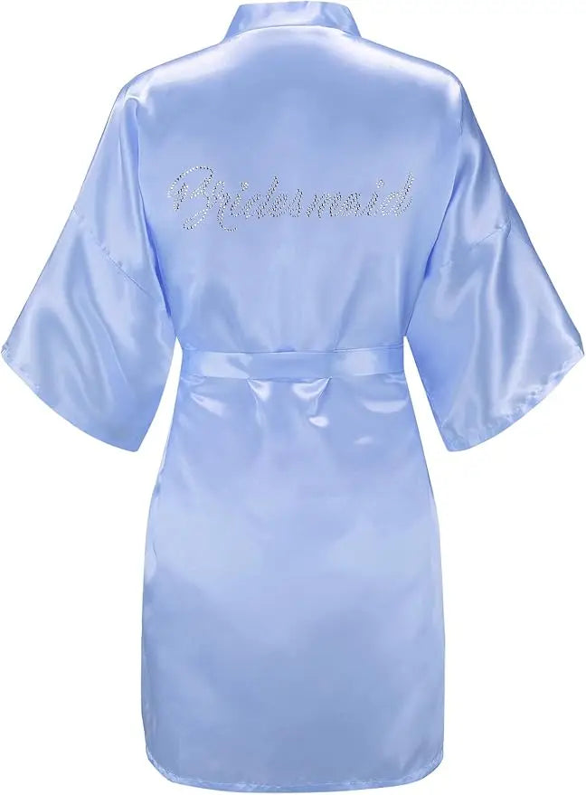 Women's Satin Kimono Robes with Rhinestones Bride Bridesmaid Short Getting Ready Wedding Dressing Gown