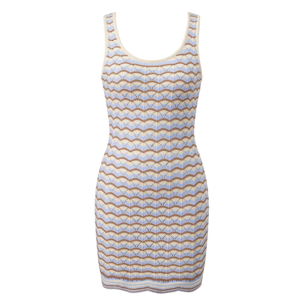 Women Wave Striped Knit Tank Dress Summer Sleeveless Bodycon Mini Dress Bohemian Casual Dress Beach Holiday