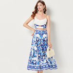 Women's Dress Blue And White Porcelain Retro Printed Metal Buckle Three-dimensional Strapless Top + Wide Skirt Two-piece Set