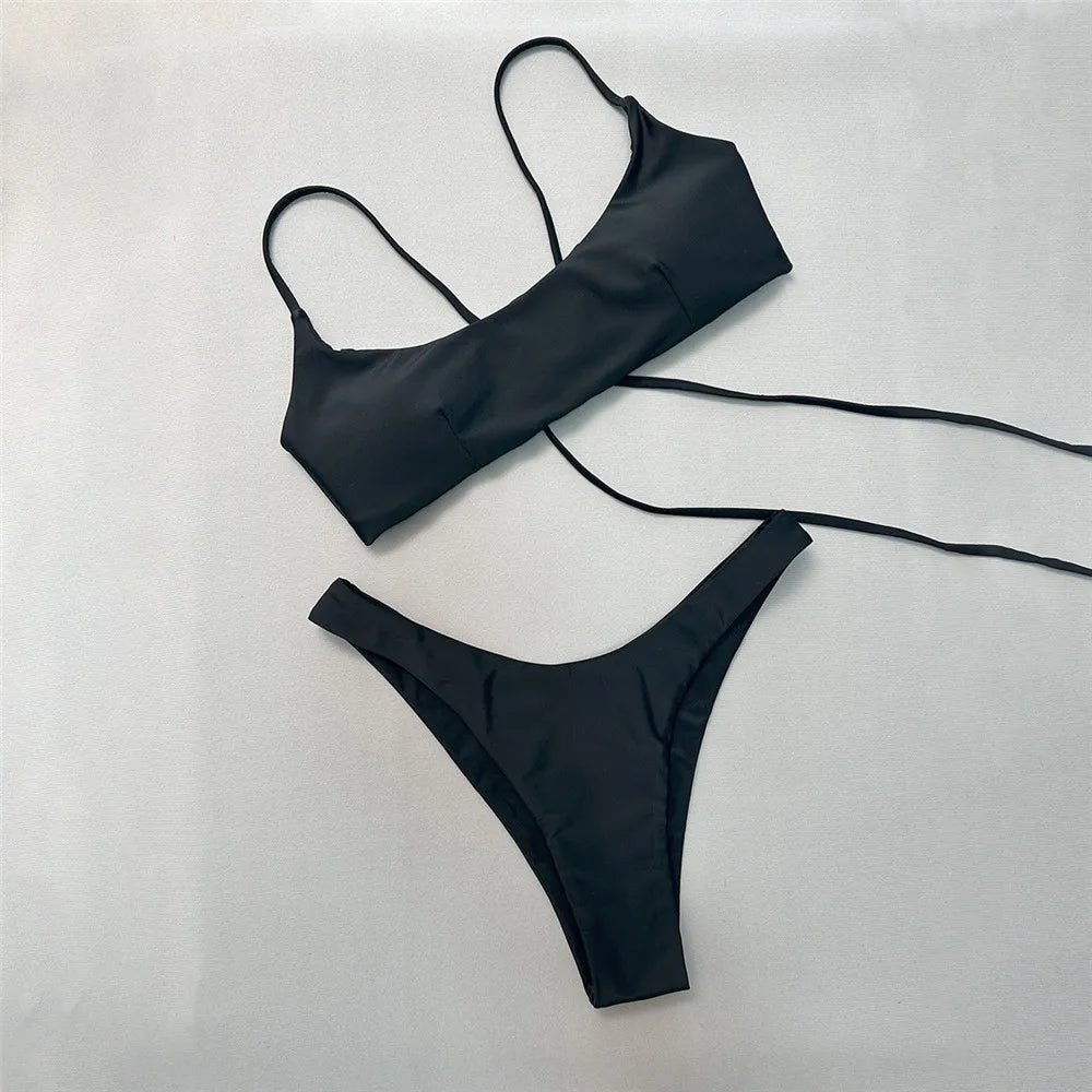Brown Bandeau Micro Bikini Set Back String Lace-up Sexy Swimsuit Solid Swimwears Woman 2026 High Cut Bathing Suit Bikinis Femmes