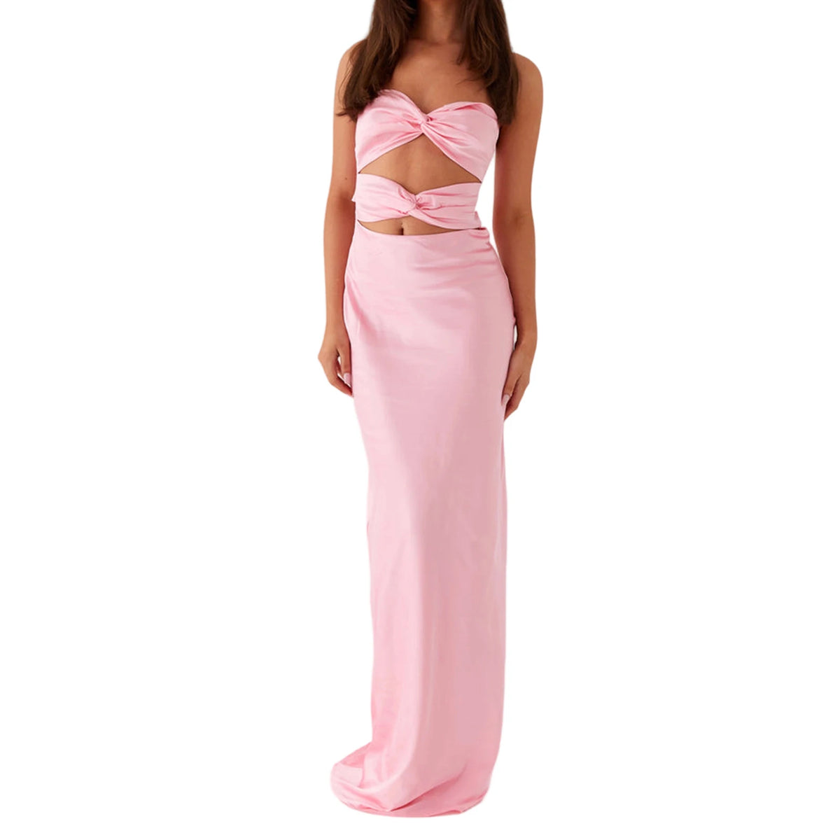 Women's Fashion Elegant Hollow Out Tube Dress Strapless Twist Front Solid Color Bodycon Summer Party Club Long Dresses