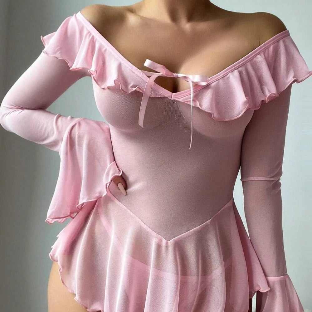 Off‑Shoulder Sheer Mesh Nightgowns Ruffle Trim Bow Front Long Flare Sleeve See‑Through Mini Dress Seductive Bodycon Sleepwears 