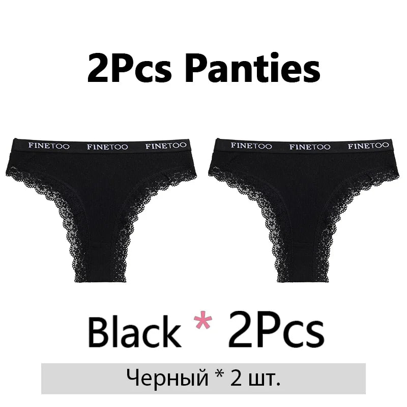 FINETOO 2Pcs/Set Women Cotton Brazilian Panties Plus Size M-2XL Lingerie Sexy Lace Underwear Low Rise Girls Intimates Underpants