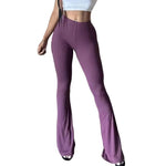 Women Flared Pants Yoga Running Cycling Trousers Elastic High Waist Solid Color Long Pants Ribbed Texture