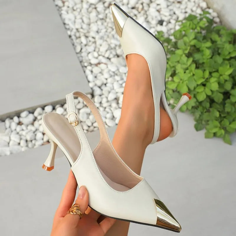 BIGTREE Designer Metal Pointed Pumps Women Sexy Fashion Thin Heels Wedding Banquet Dress Hollowed Out Back Strap Ladies Shoes