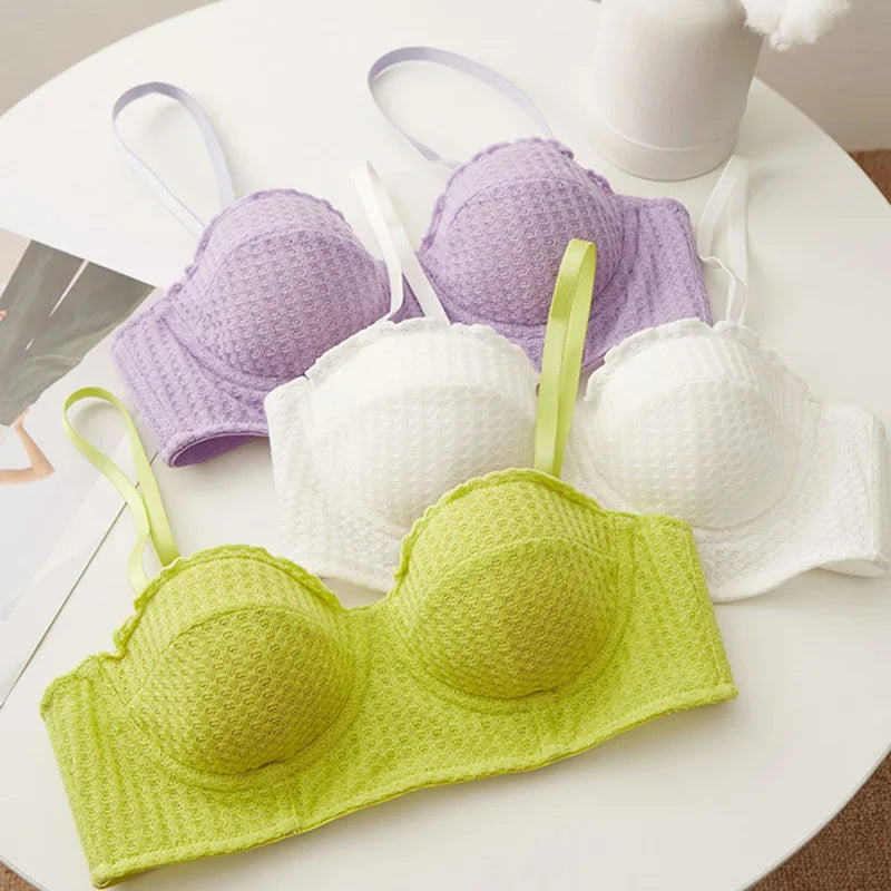 New 6 Color Women Cotton Underwear French Sexy 1/2 Cup Push Up Bra Set Fashion Fluorescent Summer Lace Bra and Thongs Lingerie