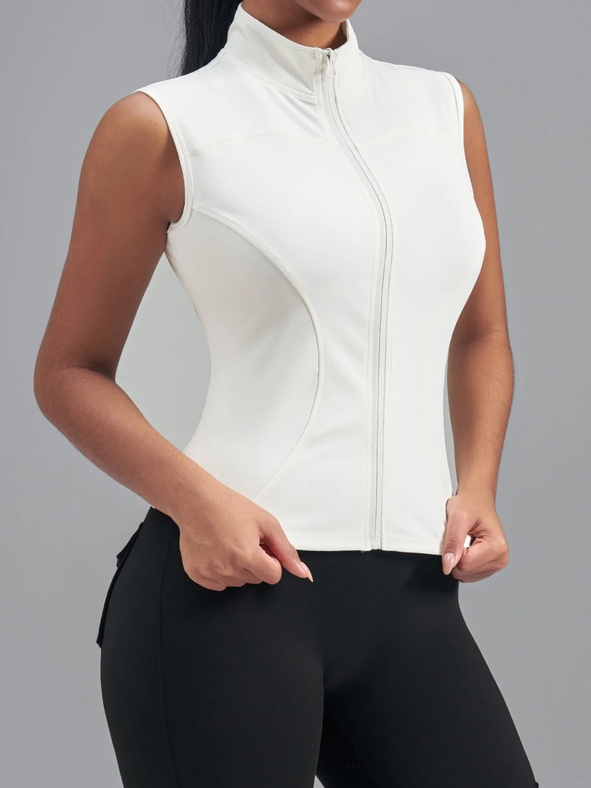 Women Zipper Yoga Shirts Solid Stand Up Collar Elastic Slim Fit Sports Jacket Breathable Sleeveless Sunscreen Workout Clothes