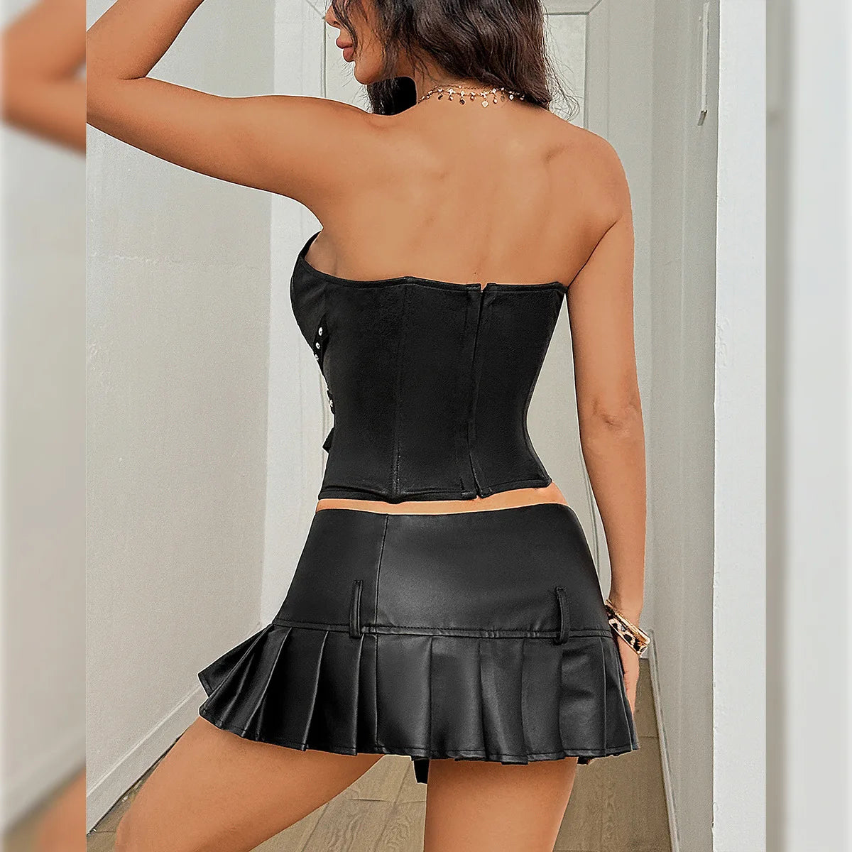 Sexy Black Lace Mesh Sheer Corset Top Spicy Girls Bandeau PU Leather Patchwork Fishbone Bustier See Through Rivet Club Camisole