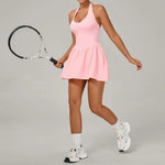Hanging Neck Tennis Dress Women Solid Color Sleeveless Sports One Piece Pocket Suits Outdoor Running Fitness Yoga Golf Dresses