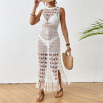 S - XL New Fringe Tassel Hollow Out Crochet Knitted Tunic Beach Dress Beach Wear Beachwear Beach Cover Up Cover-upsFemale V5605