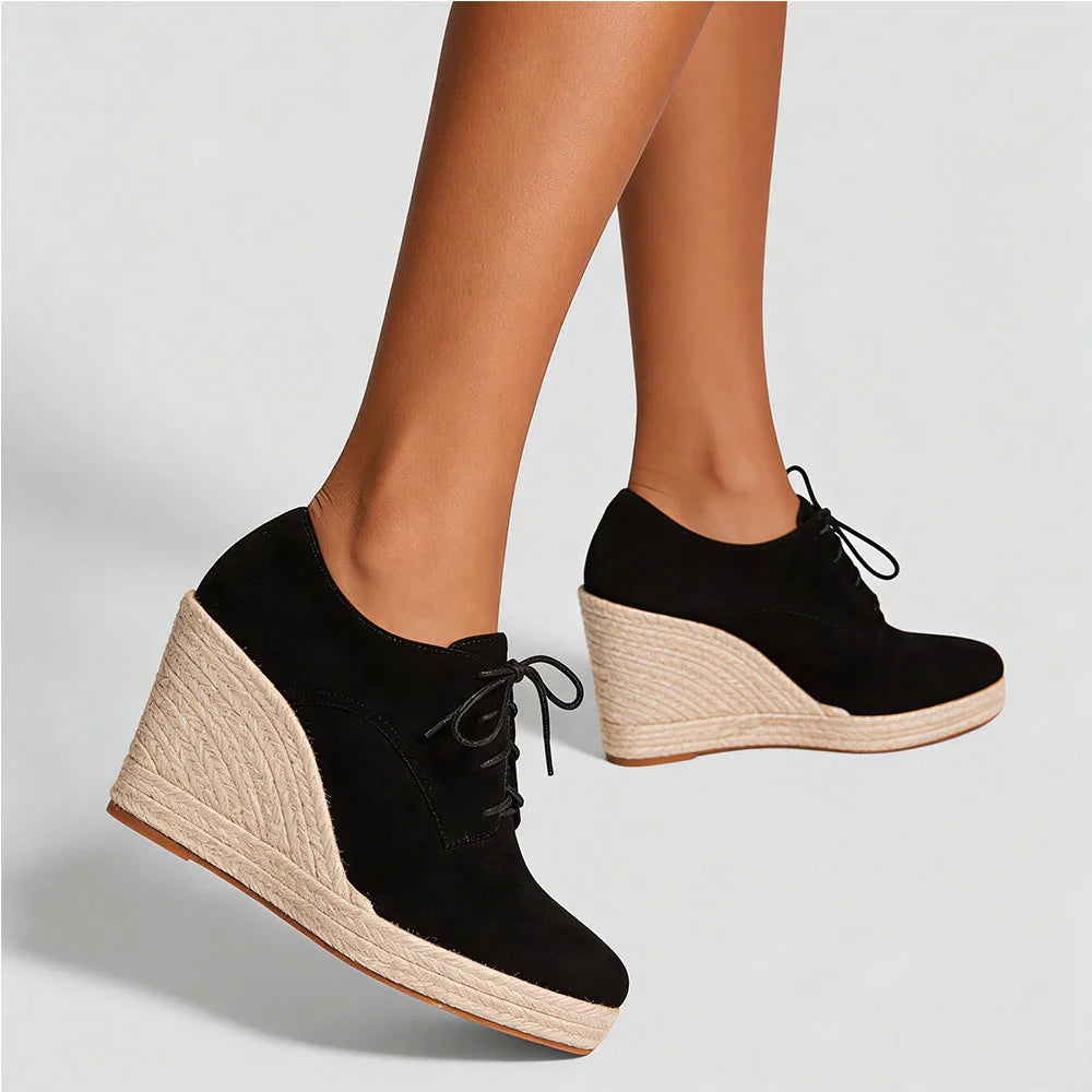2026 Big Size 43 Vintage Brown Black Pointy Toe Lace-up High Heels Espadrilles Pumps Comfy Walk Office Lady Wedges Shoes Women