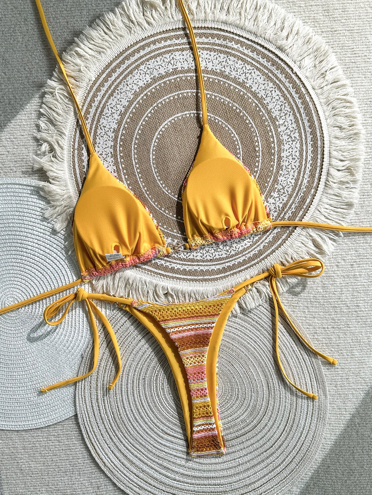 Sexy Coffee Striped Micro Bikini Set 2026 Women Halter Push Up Bra Bandage Thong Swimsuit Summer Bathing Suit Holiday Swimwear