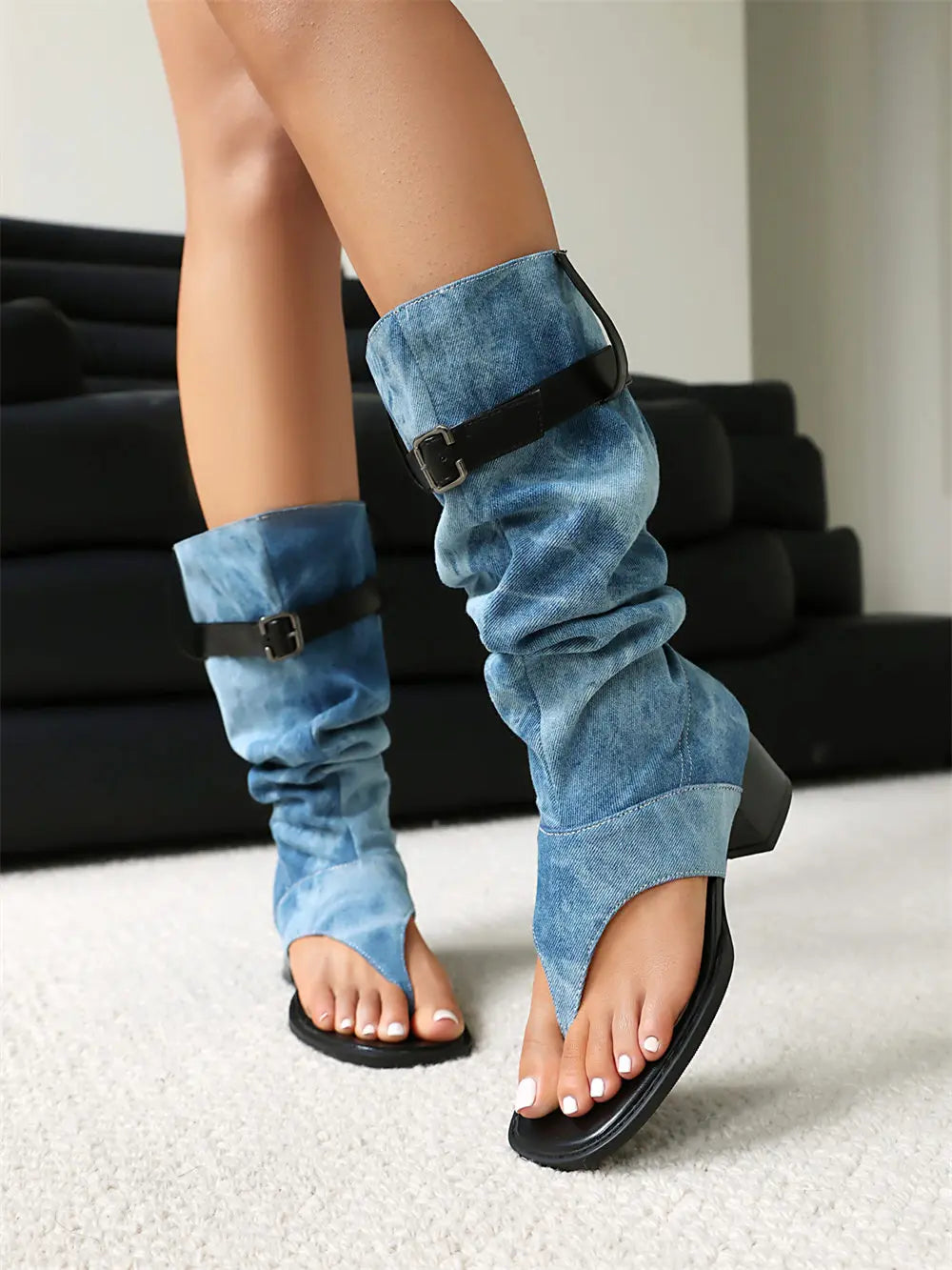 2025 Brand Plus Size 48 Trendy Denim Blue Gladiator Sandals Women Chic Black Chunky HeelsFashion Comfy Walk Summer Boot Shoes