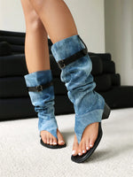 2025 Brand Plus Size 48 Trendy Denim Blue Gladiator Sandals Women Chic Black Chunky HeelsFashion Comfy Walk Summer Boot Shoes