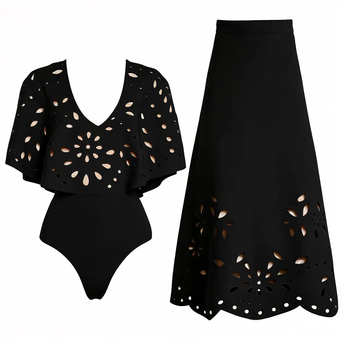 New 2Pcs Black Hollow Swimsuit Women Sexy Swimwear With Midi Skirt Push Up Bikini Female Biquini Bathingsuit Bodysuit Beachwear
