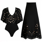 New 2Pcs Black Hollow Swimsuit Women Sexy Swimwear With Midi Skirt Push Up Bikini Female Biquini Bathingsuit Bodysuit Beachwear