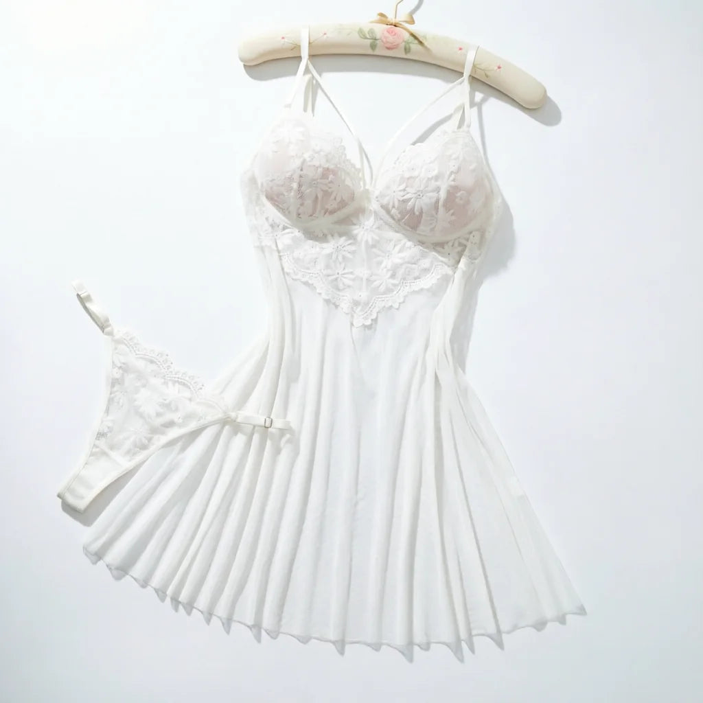 White Sexy Women's Underwear: Laceless Panties with Cutouts, Sexy Halter Dresses, Female Erotic Wear, Naughty Pajamas ZA825096