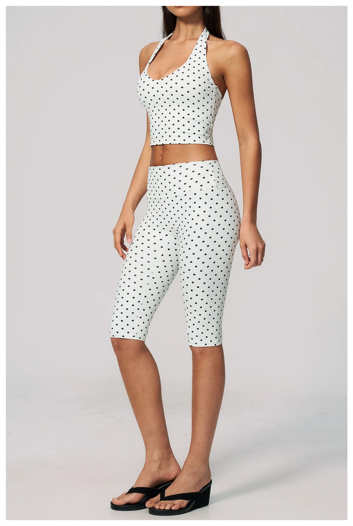 New Summer Women White Polka Dot Print Yoga Sets Hanging Neck Slim Sport Vest High Waist Mid Pants Gym Two-piece Workout Clothes