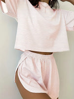 Summer Striped 2pcs Pajama Set for Women Short Sleeve Crop Top Elastic Waist Shorts Soft Loungewear Home Sleepwear