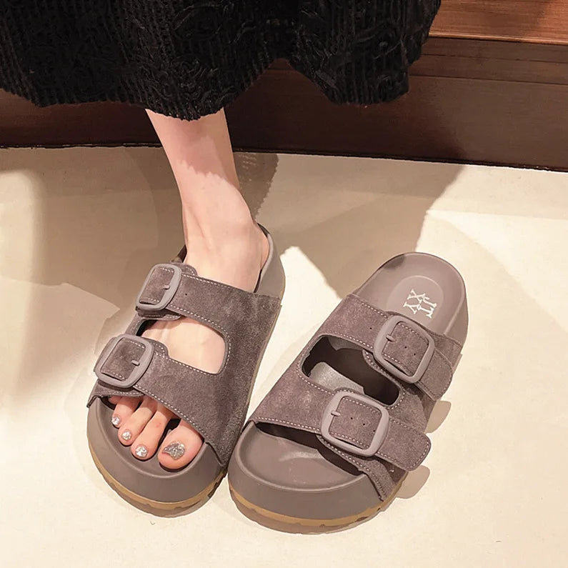 Women Leisure Slippers Retro Trend With Buckles Female Summer Casual Shoes Comfortable Beach Slides Girls Platform Sandals