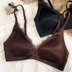 French Sexy Seamless Lingerie Women Silk Satin Lace Bra Deep V Triangular Cup Push Up Bras Adjustable Strap Comfort Underwear