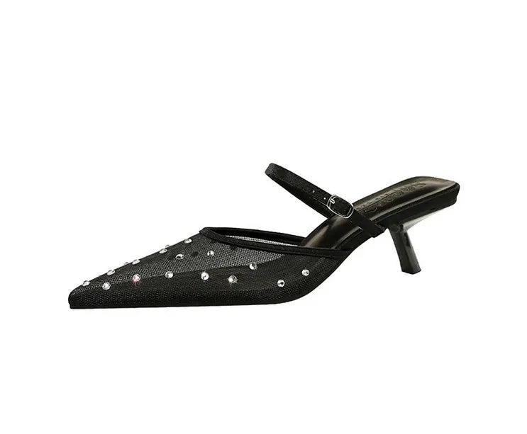 BIGTREE Crystal Mesh Fabric Pointed Toe Slippers Women Sexy Elegant Buckle Strap Party Prom Thin Low Heels Mule Shoes