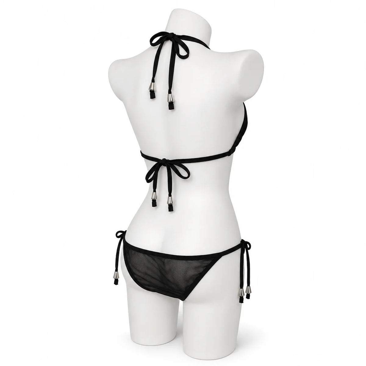 Women Bikini Set 2pcs Black Halter Triangle Swimsuit, Tie Side V Shape Bottom, Solid Color Beach Vacation Swimwear
