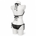 Women Bikini Set 2pcs Black Halter Triangle Swimsuit, Tie Side V Shape Bottom, Solid Color Beach Vacation Swimwear