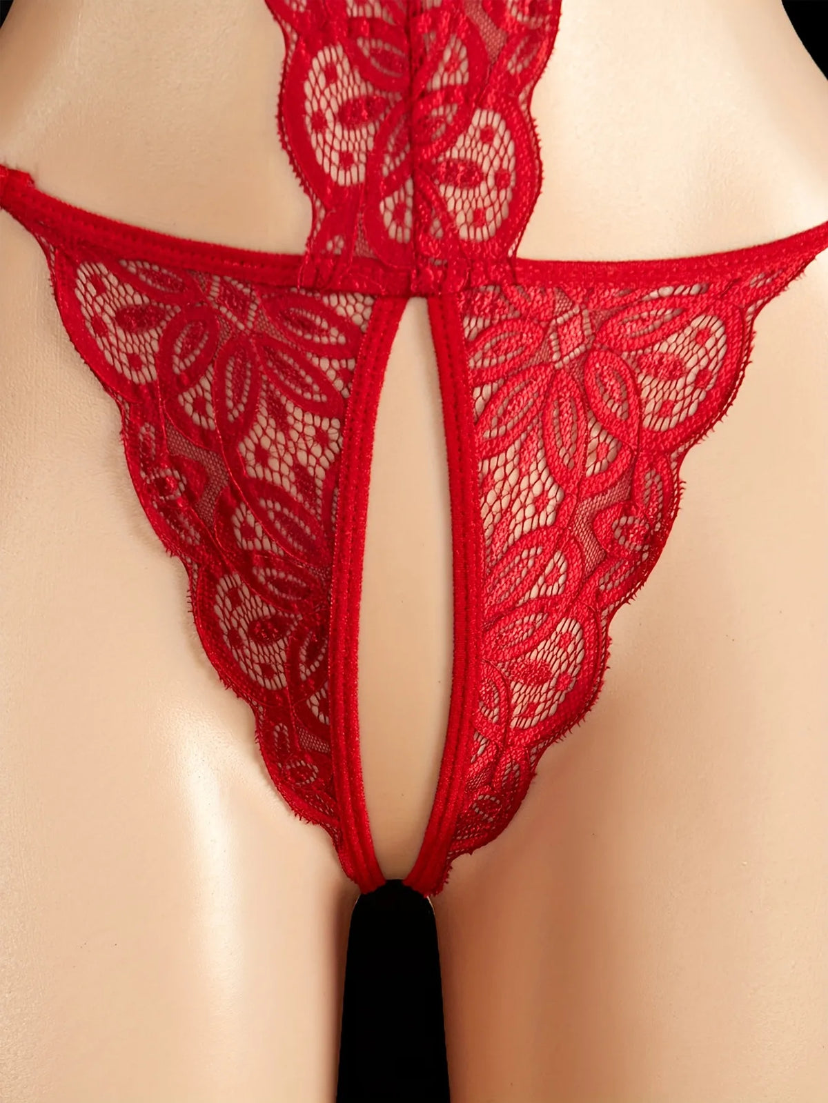 Women’s Floral Lace Bodysuit Lingerie, Red Sheer Mesh Teddy with Bowknot Straps, Front Cutout Thong Sleepwear for Anniversary