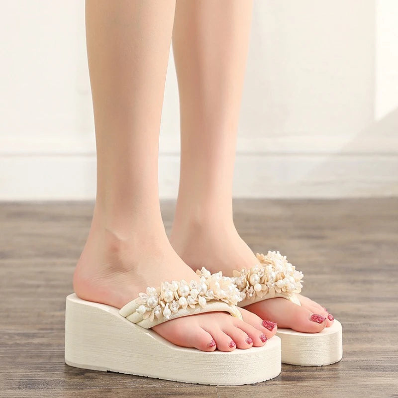 Big Size 42 Fashion Flip Flops For Women Summer Wedges Shoes EVA Sole String Bead Female Indoor Beach Slippers Slip-on Sandals