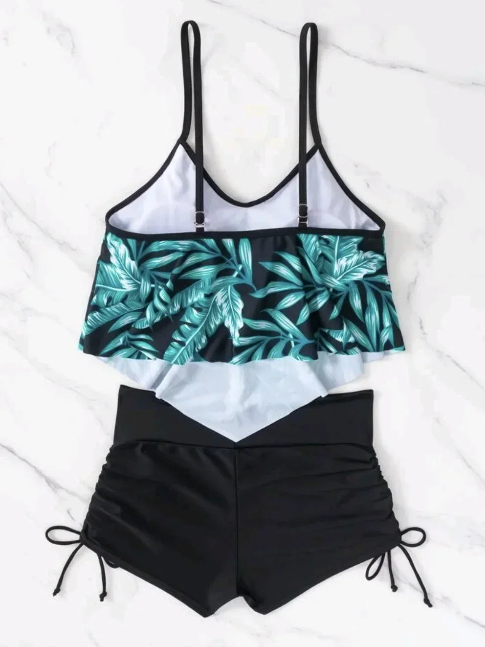 New Green Orange Ruffle Tankini Sets Swimwear High Waist Women Two Pieces Swimsuit Summer Drawstring Sporty Shorts Bathing Suits