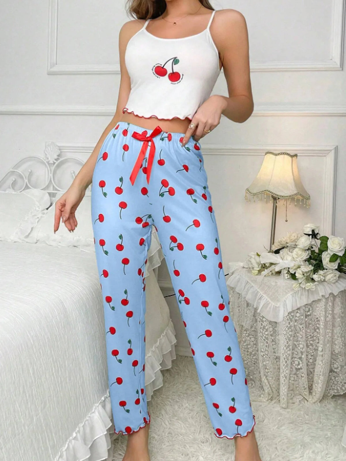 Y2K Coquette Cherry Print Pajama Set Womens Cami Crop Top Pants Two Piece Sleepwear Loungewear Summer Spring Autumn Outfits