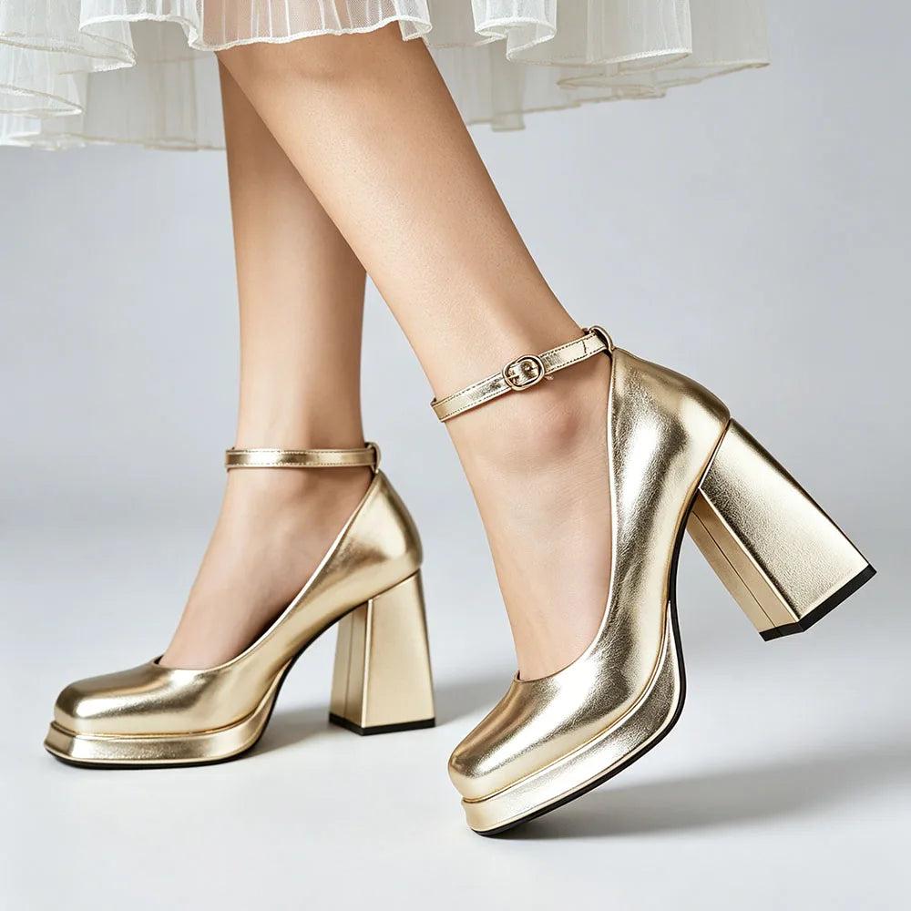 Big Size 32-46 Elegant Gold Metallic Platform High Heels Women Shoes Square Toe Ankle Strap Chunky Heel Party Wedding Pumps