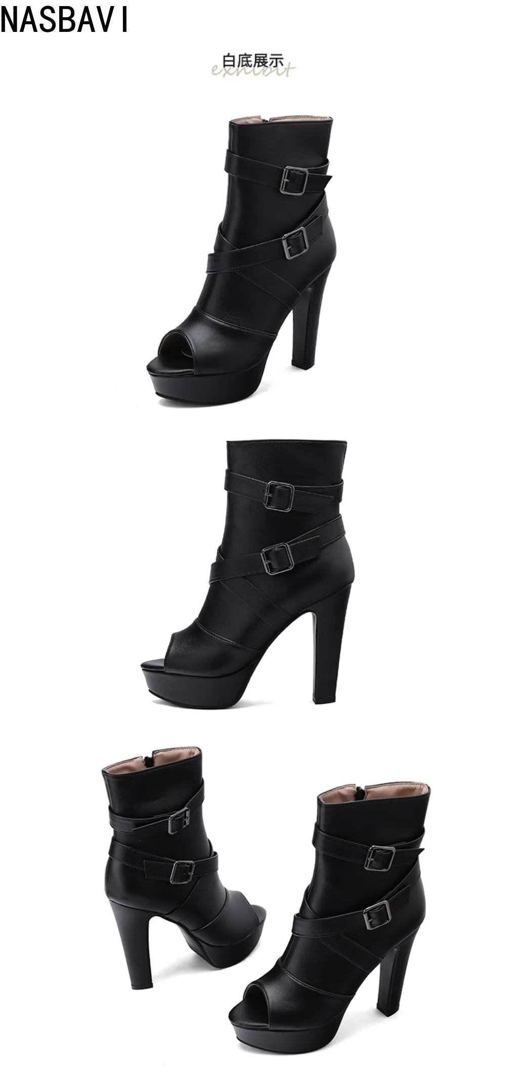 White Sexy Women Sandals Peep Toe 12cm Chunky Platform Zipper Belt Big Size 34-50 Dating Nightclub Ankle Cool Sandals Boots